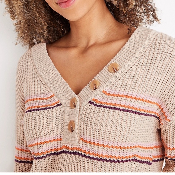 Maurices V-Neck Sweater with Button Accents - Cream and Orange Stripes - Picture 3 of 3